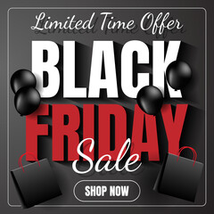 black friday sale banner background in red and black color for social media post with shiny balloons and shopping bag