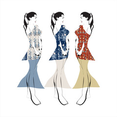 Illustration of Buketan batik, Pekalongan Central Java, Indonesia and a sketch of a model woman