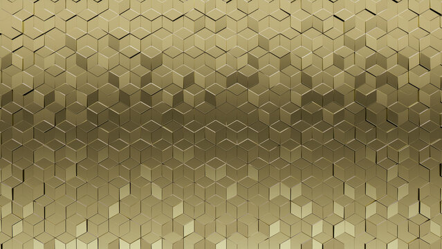 Polished Tiles arranged to create a Diamond Shaped wall. 3D, Luxurious Background formed from Gold blocks. 3D Render