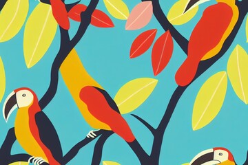 seamless textile trendy 2d pattern with toucans on a branch in tropical nature in exotic with tropical leaves abstract painting