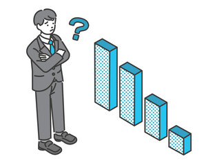 右肩下がりのグラフを見て、悩むビジネスマンのベクターイラスト素材／アイソメ／サラリーマン