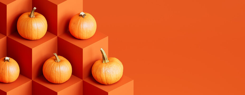 Pumpkins on Orange Colored Blocks. Fall themed Banner with copy-space.