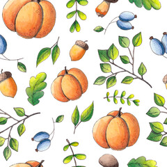 Autumn seamless background. Watercolor pattern with pumpkin.