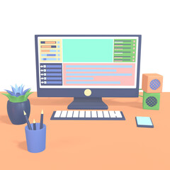 3D Illustration of workspace on PNG background. 3D rendering of video editing workspace with pc laptop illustration.