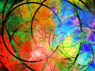 Creación de arte digital fractal compuesto de anillos negros solapados con un relleno de colores fuertes mostrando algo con aspecto de ser el descontrol planetario de una ondas extraviadas.