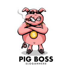 Pig Boss Cartoon Mascot Logo Design Illustration Vector