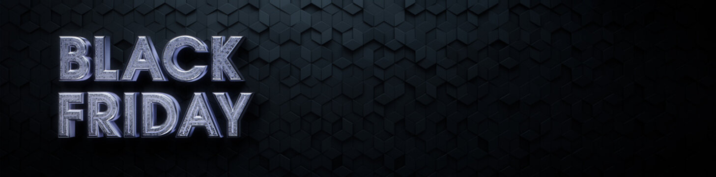Black Friday Banner with Mosaic, Chrome 3D Typography against Diamond tiles. Luxury Background with copy-space.