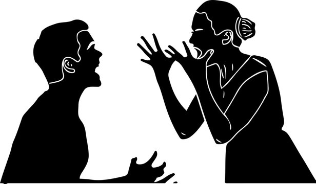 young couple fighting, man and woman arguing silhouette, two people fighting outline vector illustration