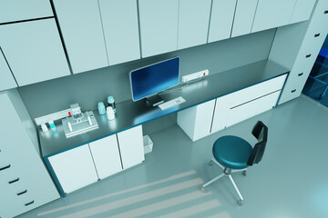 Infectious disease doctors office. Workplace of infection control specialist. Interior of infectious diseases clinic. Doctors microscope computers. Services of infectious disease doctor. 3d rendering.