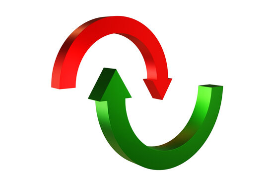 Arrows point to each other. Circular arrows different colors. Business Concept exchange or recycling. Red and green pointer. Semicircular arrows isolated on white. Pointer icon for design. 3d image