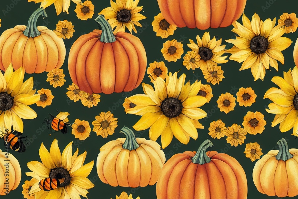 Canvas Prints Fall seamless pattern with pumpkins and bees on cream background, Autumn pattern with sunflower, flowers, bee watercolor wrapping paper, pattern fills, Thanksgiving, web page background.