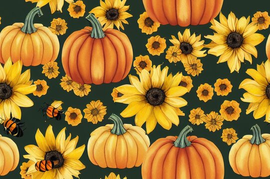 Fall seamless pattern with pumpkins and bees on cream background, Autumn pattern with sunflower, flowers, bee watercolor wrapping paper, pattern fills, Thanksgiving, web page background.