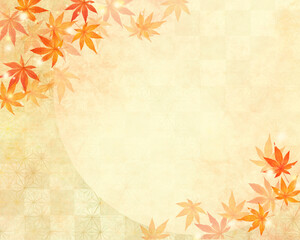 美しいカエデー金箔ー市松模様ー和紙の壁紙ー秋のイメージキラキラゴールド背景素材フレーム