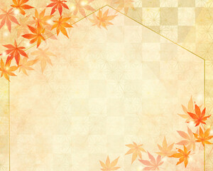 美しいカエデー金箔ー市松模様ー和紙の壁紙ー秋のイメージキラキラゴールド背景素材フレーム