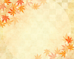 美しいカエデー金箔ー市松模様ー和紙の壁紙ー秋のイメージキラキラゴールド背景素材フレーム