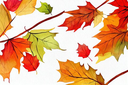 Watercolor banner of autumn leaves and branches isolated on white background. Autumn illustration for invitations, or greeting cards with space for your text.
