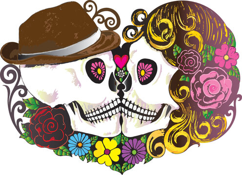 Art couple skulls day of the dead. Hand drawing and make graphic vector.