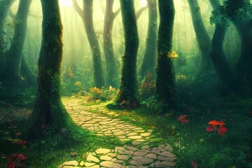 Enchanting fantasy fairy tale forest background for your artistic creations, 3d render painting. - obrazy, fototapety, plakaty