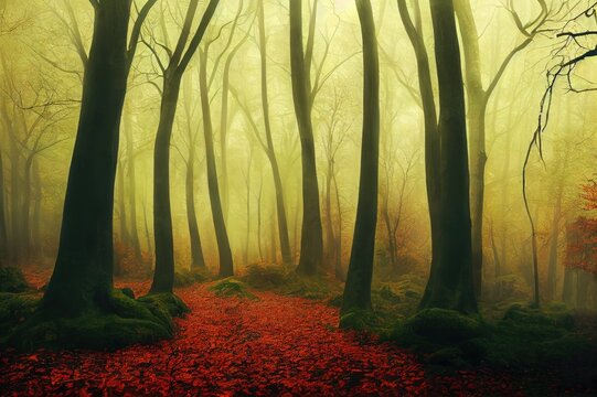Mystical forest landscape in autumn morning fog. Scenery in a dreamy foggy forest. A wonderful landscape of wild nature. Digital art.