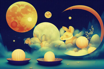 Fototapeta premium Mid Autumn festival 3d illustration. Jade rabbits pounding mochi on a glass disc in night sky. Moon cake and pieces floating around. Translation Happy mid autumn festival. August 15th