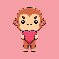 cute monkey holding love hearth cartoon doodle art hand drawn concept vector kawaii icon illustration