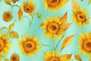 Fototapeta na wymiar Watercolor seamless pattern with sunflowers heads, pumpkins and autumn leaves. Fall pattern. Retro autumn print for textile and fabric. Pumpkins pattern for home and kitchen. Watercolor autumn motif