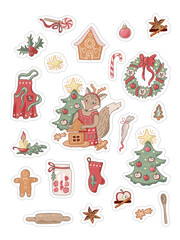 Christmas bakery stickers set with fox, gingerbread house, spices, new year tree and wreath. Vector illustration.