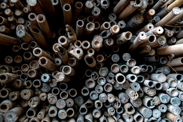 Piles of young and small pieces of bamboo that will be processed into bamboo handicraft products in the cottage industry becomes an attractive background	