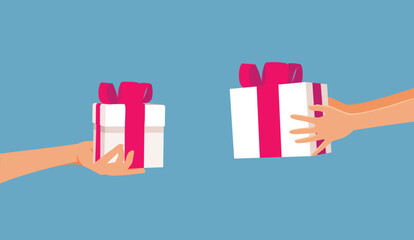 People Exchanging Gifts for Christmas Holiday Vector Cartoon. Husband and wife offering each other gifts for the winter holidays
