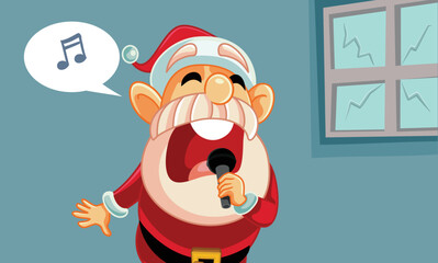 Drunk Santa Singing Loudly Breaking Windows Funny Cartoon Illustration. Funny Christmas karaoke party with talentless Santa performer
