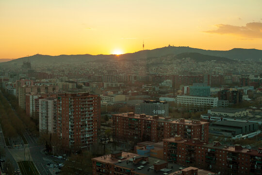 Cityscape Of Barcelona And Mount Tibidabo During Sunset