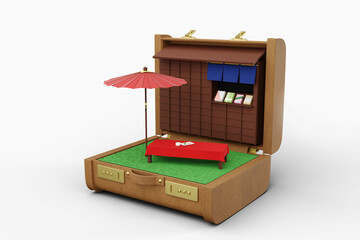 3D rendered illustration. Chaya, the Japanese tea hose in a open suitcase. Red umbrella and bench with red clothes. Concept of travel to Japan.