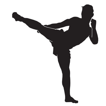 Male silhouette Muay Thai kickboxing kick boxer boxing men isolated. Thai Boxing fight traditional dance before fight, Vector illustration