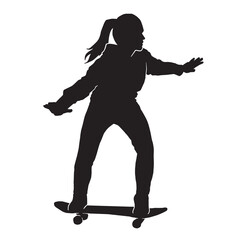 Black silhouette of skateboarder. Skateboard girl. Skateboarding trick ollie. Jump on skateboard. Vector illustration. Silhouette of a cute girl with long hair, with skateboard.