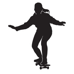 Black silhouette of skateboarder. Skateboard girl. Skateboarding trick ollie. Jump on skateboard. Vector illustration. Silhouette of a cute girl with long hair, with skateboard.