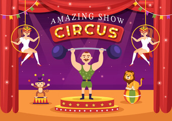 Circus Template Hand Drawn Cartoon Flat Illustration with Show of Gymnast, Magician, Animal Lion, Host, Entertainer, Clowns and Amusement Park