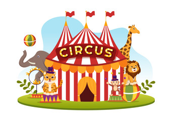 Obraz na płótnie Canvas Circus Template Hand Drawn Cartoon Flat Illustration with Show of Gymnast, Magician, Animal Lion, Host, Entertainer, Clowns and Amusement Park