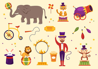 Circus Template Hand Drawn Cartoon Flat Illustration with Show of Gymnast, Magician, Animal Lion, Host, Entertainer, Clowns and Amusement Park