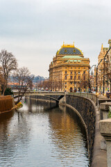 Fototapeta premium National Theatre near Namesti Vaclava Havla , Cultural institution and historic buildings in Prague old town during winter : Prague , Czech : December 12 , 2019