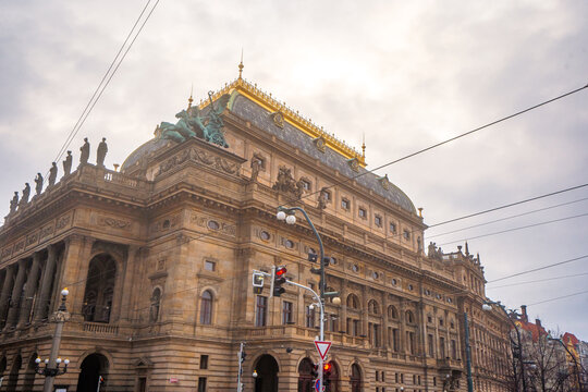 National Theatre near Namesti Vaclava Havla , Cultural institution and historic buildings in Prague old town during winter : Prague , Czech  : December 12 , 2019