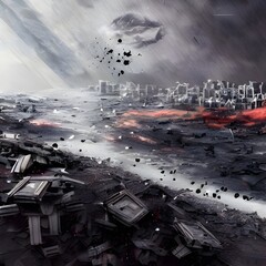 The doomsday scene of earth. Eerie night scene of the aftermath of an explosion