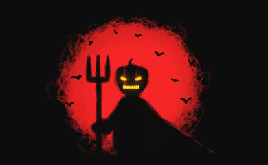 A pumpkin demon holding a rake on a blood moon night with many bats flying at night. Happy Halloween graphic design. Digital art style. illustration painting.