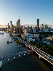 Aerial view of Brisbane city in Australia at sunset
