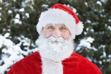 Close up portrait of traditional Santa Claus with white beard smiling at camera outdoors in winter