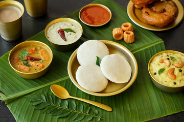 Many Idli or idly popular breakfast of Kerala South India and Sri Lanka. Banana leaf healthy...
