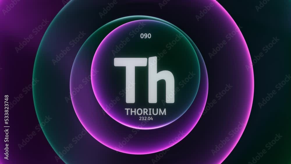 Sticker thorium as element 3 of the periodic table. concept animation on abstract green purple gradient ring