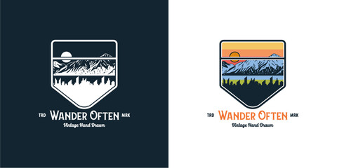 Retro Vintage logo badge adventure and outdoor mountains for sticker, t-shirt, hat, poster design
