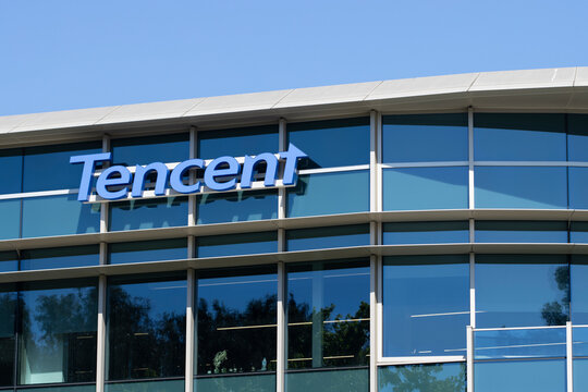 Palo Alto, CA, USA - May 4, 2022: Tencent logo is seen at its U.S. headquarters in Palo Alto, California. Tencent is a Chinese technology and entertainment conglomerate and holding company.