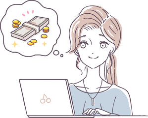 ノートPCでお金を稼ぐ女性のイラスト素材　在宅ワーク　副業　リモート　パソコン