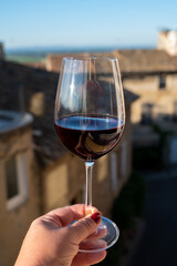 Wine tour with tasting of red dry wine and view on roofs of medieval houses in Châteauneuf-du-Pape ancient wine making village in France